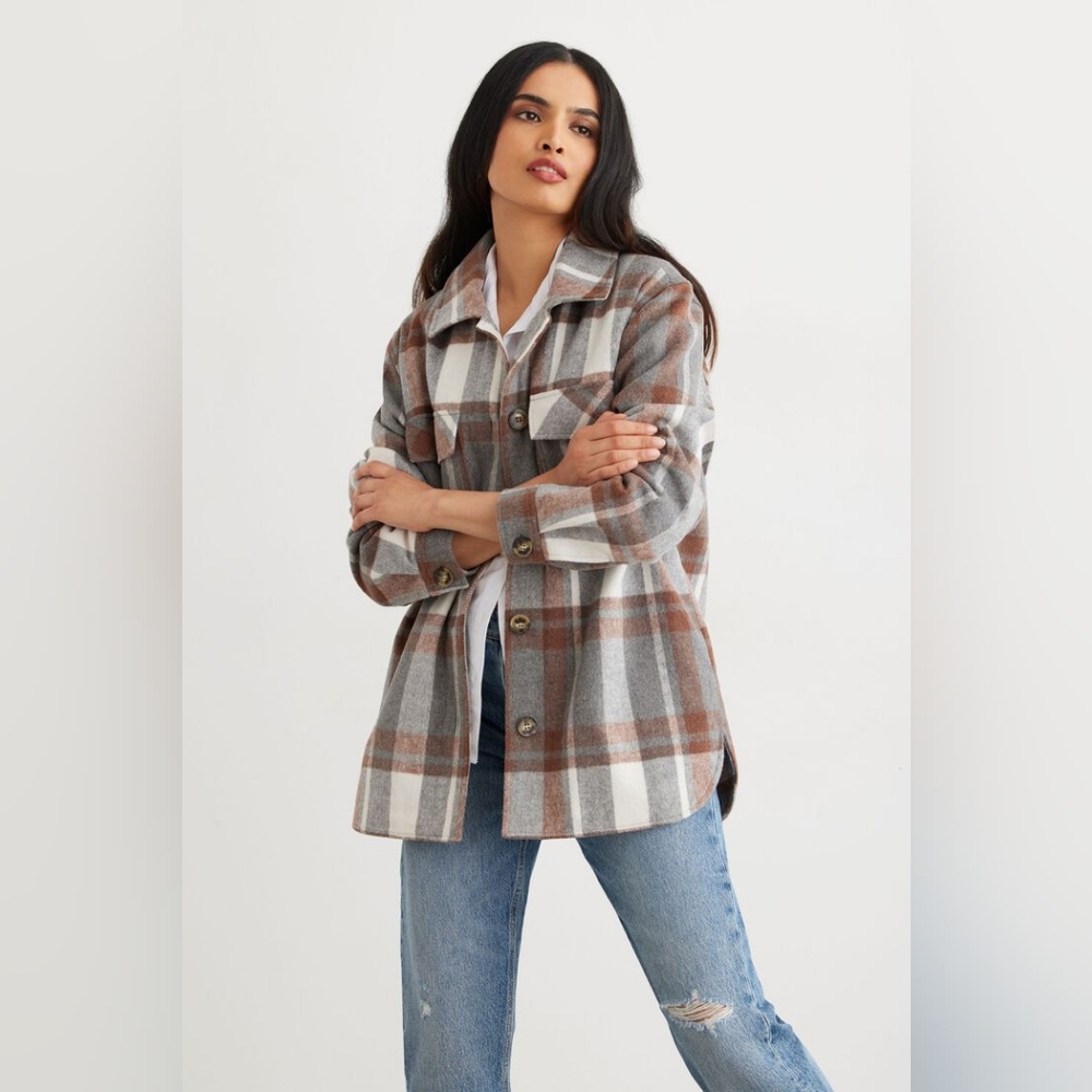 DYNAMITE 'York' Cozy Fleece Grey and Brown Plaid Oversized Shacket - Size XXS